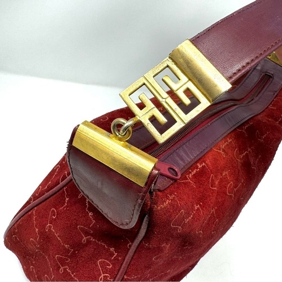 Givenchy Vintage Burgundy Suede Shoulder Bag – Gold Logo, Rare 90s Style - Picture 5 of 12
